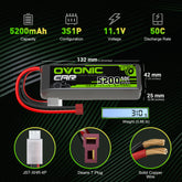 2x Batterie LiPo Ovonic 50C 3S1P 5200mAh 11.1V pour Voiture RC - Prise Deans & XT60